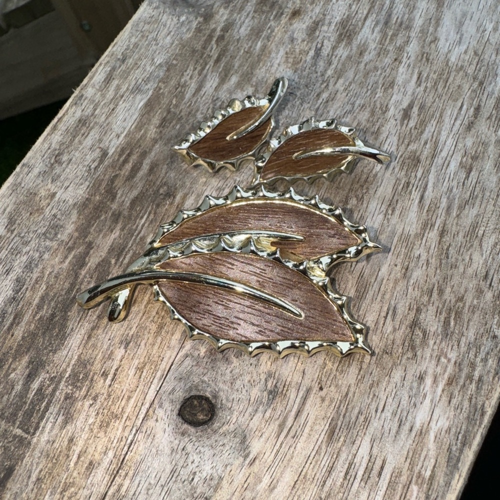 Sarah Coventry‎ Brooch And Clip-on Earrings Leaf Shape Wood Grain